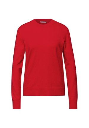 Pull rouge à manches longues avec un col rond et des poignets ajustés. Fabriqué en matériau doux, présentant une texture lisse et une coupe droite.