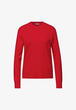 Pull rouge à manches longues avec un col rond et des poignets ajustés. Fabriqué en matériau doux, présentant une texture lisse et une coupe droite.