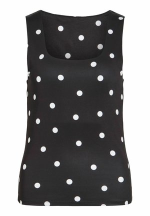 Top negru fără mâneci cu buline albe și decolteu pătrat, afișat pe un fundal alb simplu.