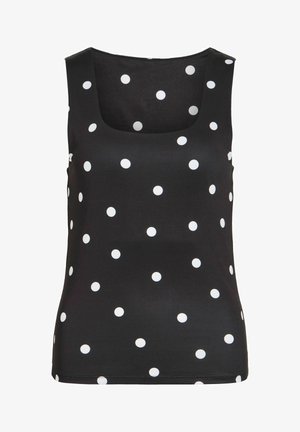 Top negru fără mâneci cu buline albe și decolteu pătrat, afișat pe un fundal alb simplu.