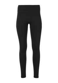 Zwarte leggings van rekbaar materiaal, met een hoge, elastische tailleband en een soepele textuur. Geen zichtbare patronen of accenten.