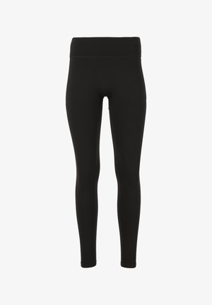 Leggings noirs en tissu extensible, dotés d'une taille haute élastique et d'une texture lisse. Pas de motifs ni d'accents visibles.