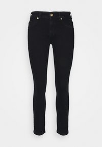 Black slim-fit jeans with gold buttons and rivets, five-pocket design, and belt loops, shown front-facing on a white background.