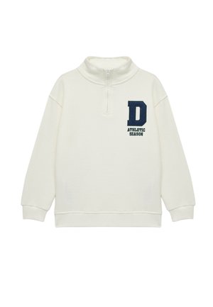 Crème-kleurige, gestructureerde sweatshirt met een hoge kraag, halve rits en marineblauwe geborduurde "D" en "ATHLETIC SEASON" op de voorkant.