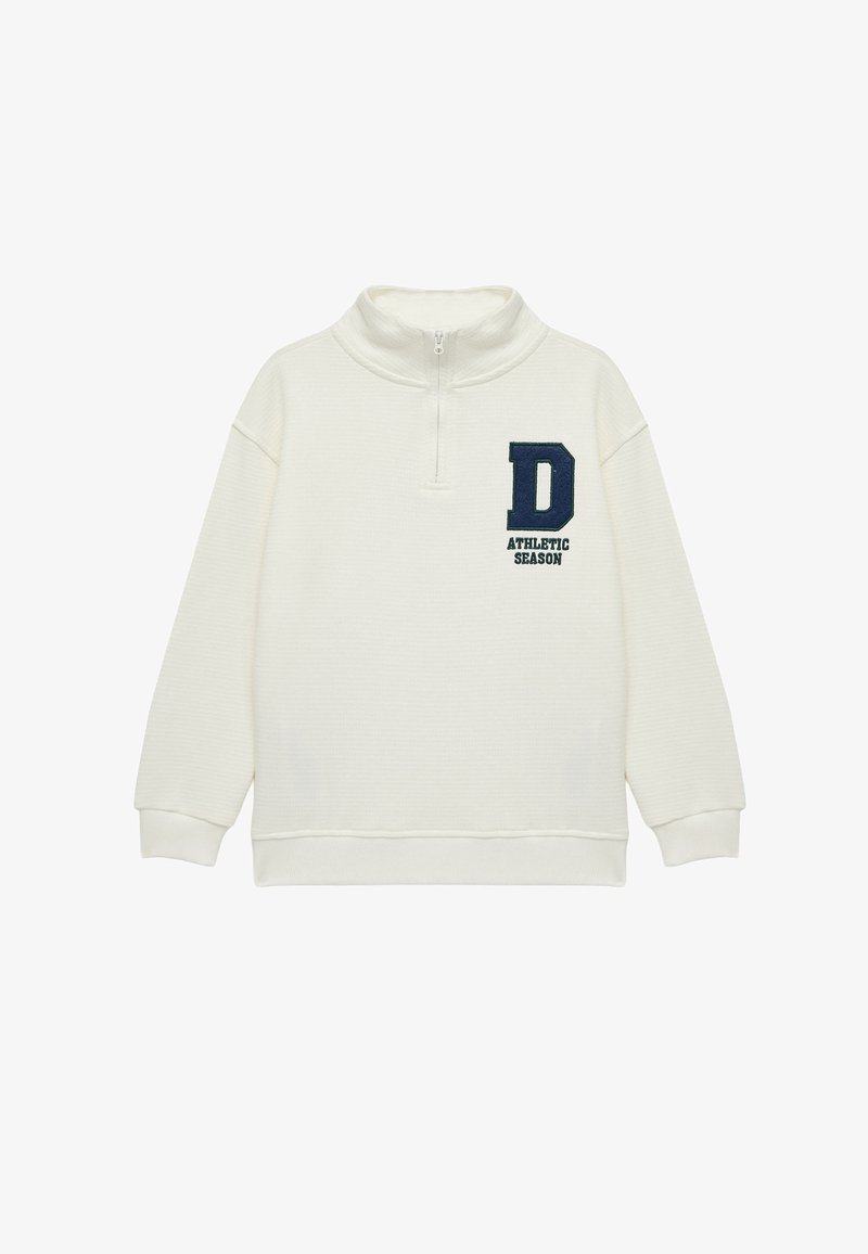 Cremfarbener, strukturierter Sweatshirt mit hohem Kragen, halbem Reißverschluss und dunkelblauer "D"- und "ATHLETIC SEASON"-Stickerei auf der Vorderseite.