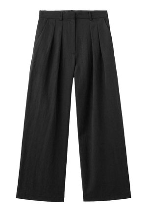 Black wide-leg pants with front pleats, belt loops, and a high waist, displayed flat against a white background.