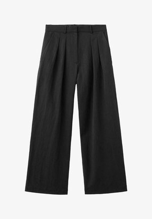 Pantalon noir à jambes larges avec plis devant, passants de ceinture et taille haute, présenté à plat sur fond blanc.