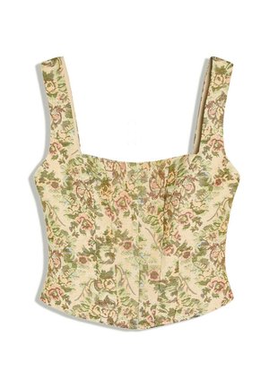 Ärmelloses beiges Korsett-Top mit quadratischem Ausschnitt, mit einem vintage Blumen-Teppichmuster in Grün-, Rosa- und Brauntönen.