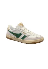 White sneaker with green suede stripes, beige accents, and a textured toe cap. Features a padded collar and logo on the tongue. Rubber sole.