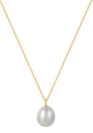 Collana in oro con un pendente a forma di goccia liscia in perla grigia. La catena presenta anelli rotondi, enfatizzando il suo design elegante.
