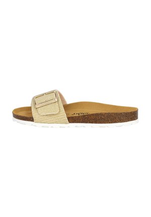 Beige slide sandal with a textured strap featuring a rectangular buckle. Cork footbed and white rubber sole, flat design.