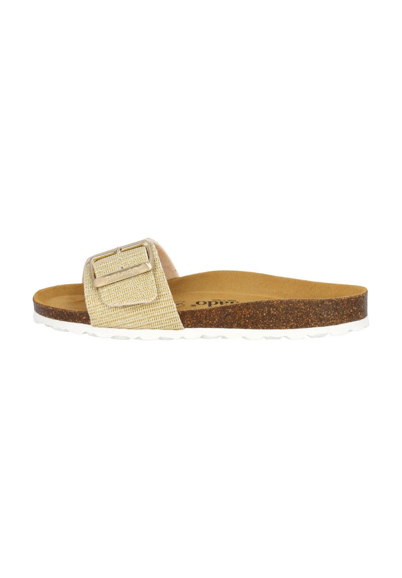 Sandalia deslizante beige con una correa texturizada que presenta una hebilla rectangular. Plantilla de corcho y suela de goma blanca, diseño plano.