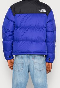 Henkilö, joka käyttää sinistä ja mustaa The North Face -puskuretakki ja vaaleansinisiä farkkuja, kuvattu selkäpuolelta.