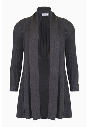 Mörkgrå ribbad cardigan med långa ärmar, öppen front och en texturerad design på kroppen. Mjuk, varm tyg, knälång.