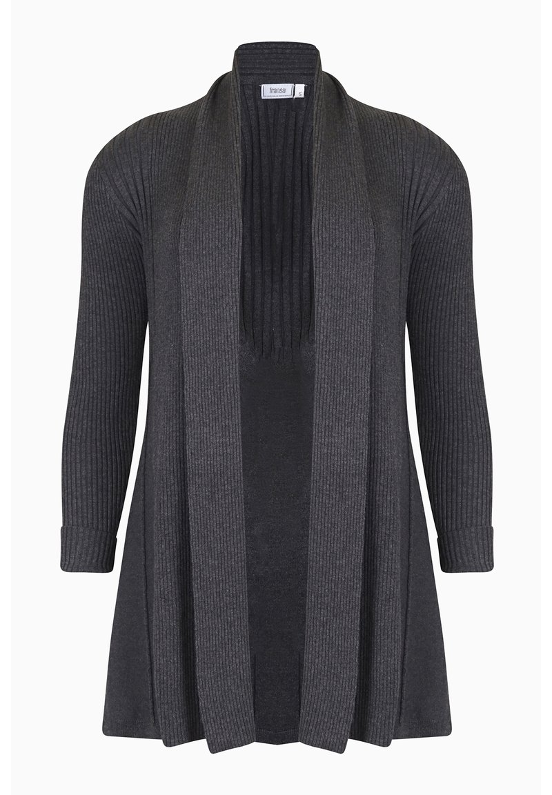 Dunkelgrauer, gerippter Cardigan mit langen Ärmeln, offenem Frontverschluss und einem strukturierten Design im Oberteil. Weicher, warmer Stoff, knielang.
