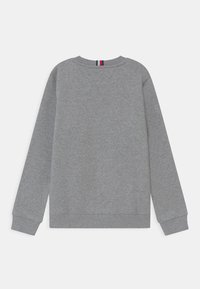 Sudadera gris de manga larga, con cuello redondo y puños acanalados. Presenta un pequeño detalle de franjas tricolores en el cuello. Textura de tela suave.