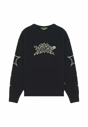 Maglione nero a maniche lunghe in maglia con logo in stile gotico color avorio sul petto e disegni a stella su entrambe le maniche.