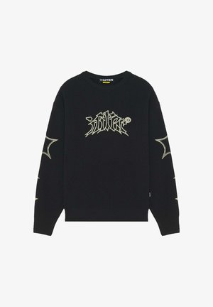 Maglione nero a maniche lunghe in maglia con logo in stile gotico color avorio sul petto e disegni a stella su entrambe le maniche.