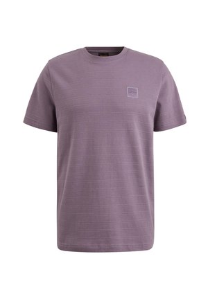Purple short-sleeve t-shirt made from textured fabric featuring a small logo patch on the left chest and a round neckline.