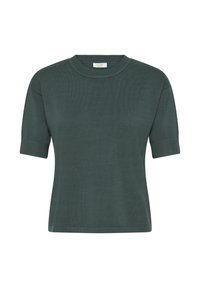 Maglione a maniche corte con scollo rotondo in verde scuro, realizzato in tessuto a maglia a costine. Presenta un orlo dritto e maniche aderenti per una vestibilità comoda.