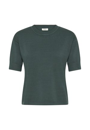 Maglione a maniche corte con scollo rotondo in verde scuro, realizzato in tessuto a maglia a costine. Presenta un orlo dritto e maniche aderenti per una vestibilità comoda.