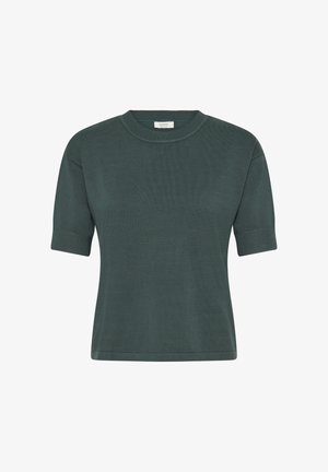Maglione a maniche corte con scollo rotondo in verde scuro, realizzato in tessuto a maglia a costine. Presenta un orlo dritto e maniche aderenti per una vestibilità comoda.