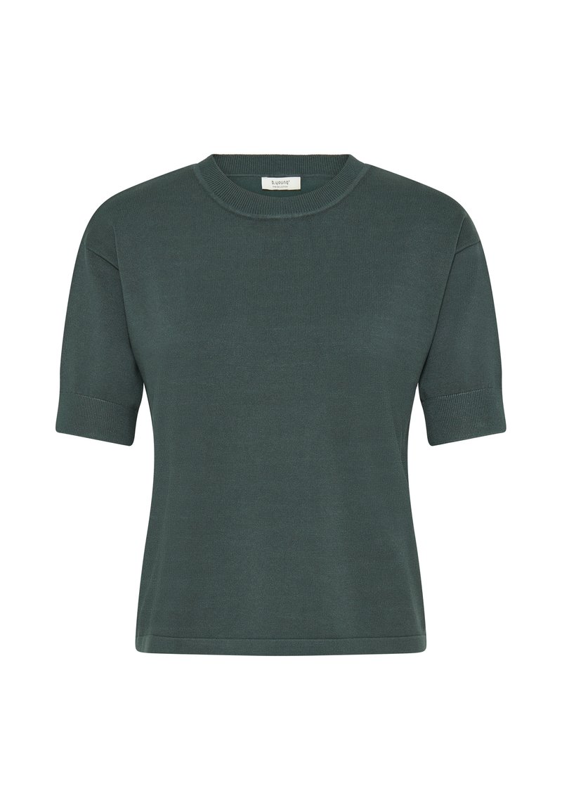 Maglione a maniche corte con scollo rotondo in verde scuro, realizzato in tessuto a maglia a costine. Presenta un orlo dritto e maniche aderenti per una vestibilità comoda.