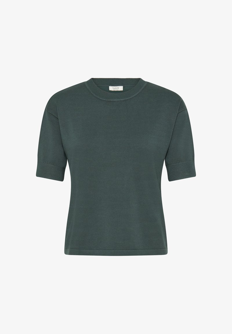 Maglione a maniche corte con scollo rotondo in verde scuro, realizzato in tessuto a maglia a costine. Presenta un orlo dritto e maniche aderenti per una vestibilità comoda.