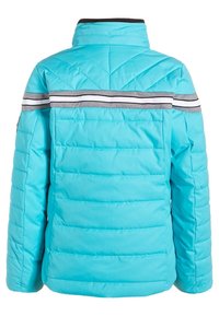 Doudoune turquoise avec un design matelassé en chevrons, présentant des rayures horizontales gris et noir au dos et un col montant.