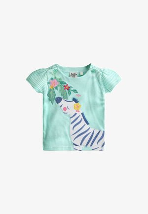 Mündiroheline triibuline väikelapse särk lühikeste varrukatega, nööpidega õlajoontel ja ees sebra ning lillede tikandiga.