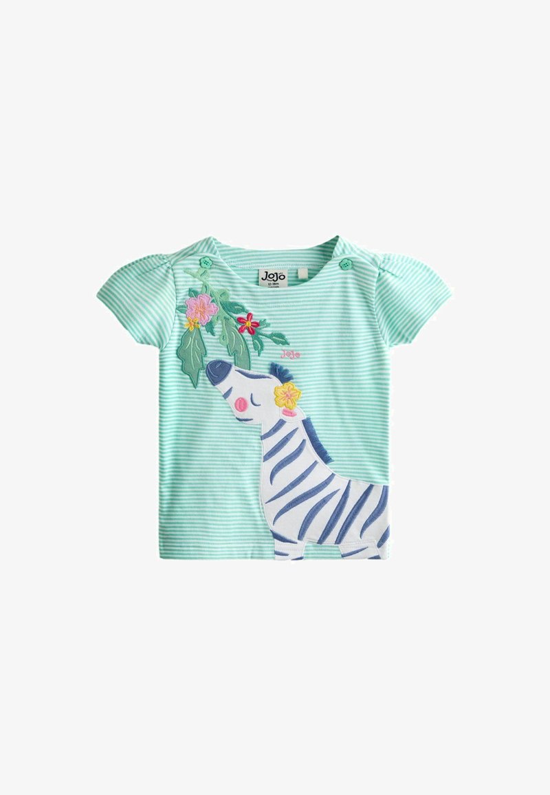 Mintzaļa svītraina mazuļa krekliņš ar īsām piedurknēm, pogu aizdari uz pleca un zebras un ziedu aplikāciju priekšpusē.