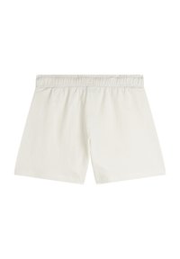 Pantalones cortos de algodón blancos con cintura elástica, ajuste holgado y corte limpio. Sin bolsillos visibles ni patrones, textura suave.