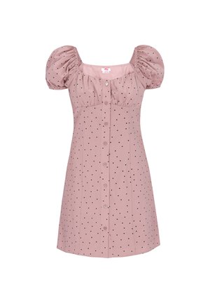Rózsaszín rövid ruha fekete pöttyökkel, pufi ujjakkal, négyzet alakú nyakkivágással és elöl gombos lezárással, a felső gomb szív alakú.