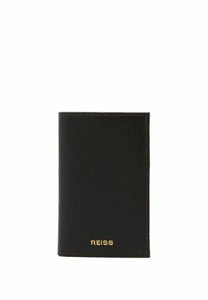 Zwarte gestructureerde leren portemonnee met goudkleurig "REISS" logo, geperst op het midden onderaan, rechthoekig en gesloten gevouwen.
