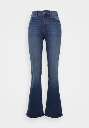 High-waisted flared jeans in dark blue denim, featuring a subtle fade, classic five-pocket design, and a front button closure.
