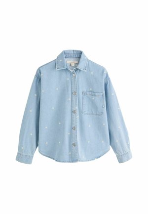 Light blue denim shirt with long sleeves, front buttons, chest pocket, and small white floral embroidery all over.