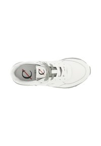 Chaussure de sport blanche avec des accents gris, dotée d'un design à lacets, d'une tige en synthétique, d'un col rembourré et d'un logo sur la semelle intérieure.