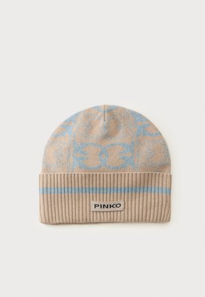 Bonnet beige en tricot avec des motifs floraux bleu clair et un revers côtelé plié présentant une bande horizontale bleue et une étiquette "PINKO".