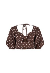Brązowy crop top w białe kropki z bufkami, głębokim dekoltem w kształcie litery V i wiązaniem z tyłu. Posiada teksturowaną centralną część.