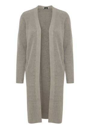 Long, open-front cardigan in light gray, knitted texture, with long sleeves and a relaxed fit. No buttons or fasteners present.