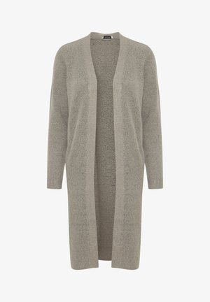 Ilgas, atviras kardiganas šviesiai pilkos spalvos, megztas tekstūras, su ilgomis rankovėmis ir laisvu siluetu. Be mygtukų ar užsegimų.