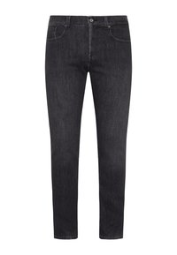 Zwarte denim jeans met een rechte pasvorm, voorzien van vijf zakken, een knoopsluiting en een lichte vervagingseffect op de stof.