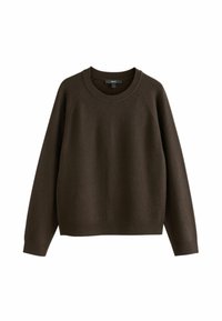 Maglione marrone realizzato in tessuto morbido, con collo a giro, maniche raglan, polsini e orlo a coste, dal taglio rilassato.