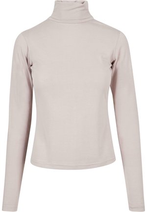 Gaiši rozā garām piedurknēm turtlenecka topiņš, izgatavots no elastīga auduma ar šauru piegriezumu. Iezīmē augstu apkakli un gludu tekstūru.