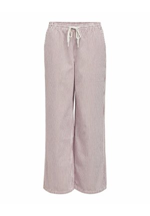 Pantalones holgados con rayas verticales rojas y blancas y una cintura con cordón blanco, exhibidos sobre un fondo blanco.