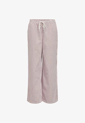 Loszittende broek met rood-witte verticale strepen en een witte tailleband met trekkoord, weergegeven op een witte achtergrond.