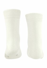 Weisse Baumwoll-Crew-Socken mit gerippten Bündchen, glatter Textur und nahtlosem Zehendesign. Geeignet für Freizeitkleidung.