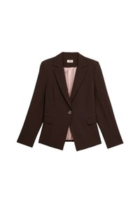 Blazer marrón a medida con dos bolsillos frontales, cierre de un solo botón y forro interior rosa claro; cuenta con un diseño clásico de solapa con muesca.