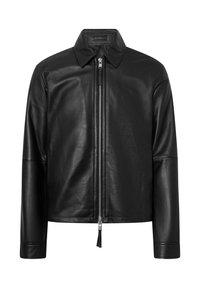Chaqueta de cuero negra con cremallera frontal, cuello puntiagudo, mangas largas y un acabado suave y mate.