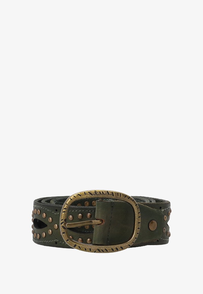 Rullet mørkegrøn læderbælte med dekorative bronzestudier og en oval bronze spænde med indgraverede detaljer.